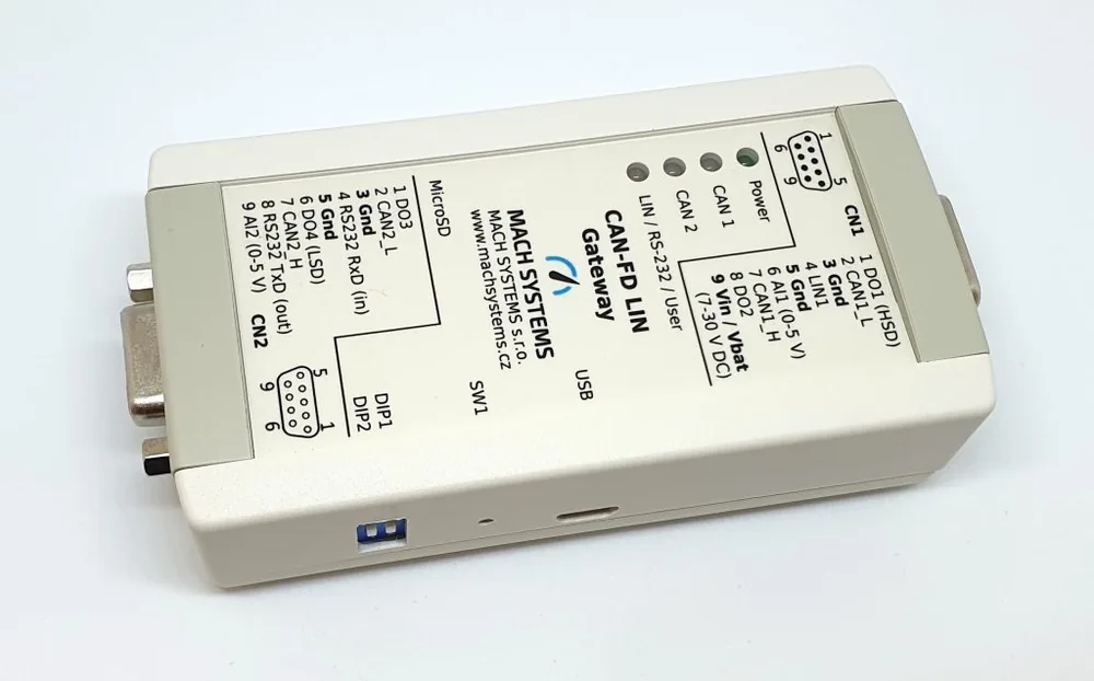 天面 — CN1/CN2ピン配置・LED(Power/CAN1/CAN2/LIN-RS232-User)・DIP1/DIP2