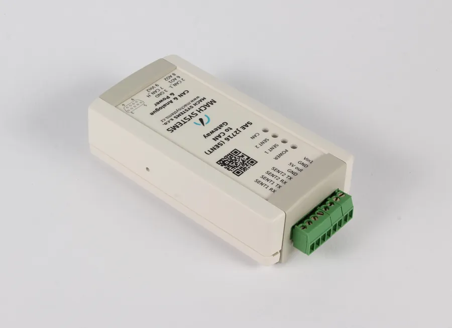 SENT to CAN Gateway 本体 — 端子台側(SENT1/2各RX・TX、5V out、Vin1)