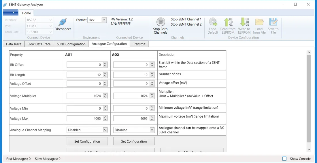 アナログ出力設定 — Bit Offset/Length・Uout=Multiplier×raw＋Offset・Min/Max[mV]