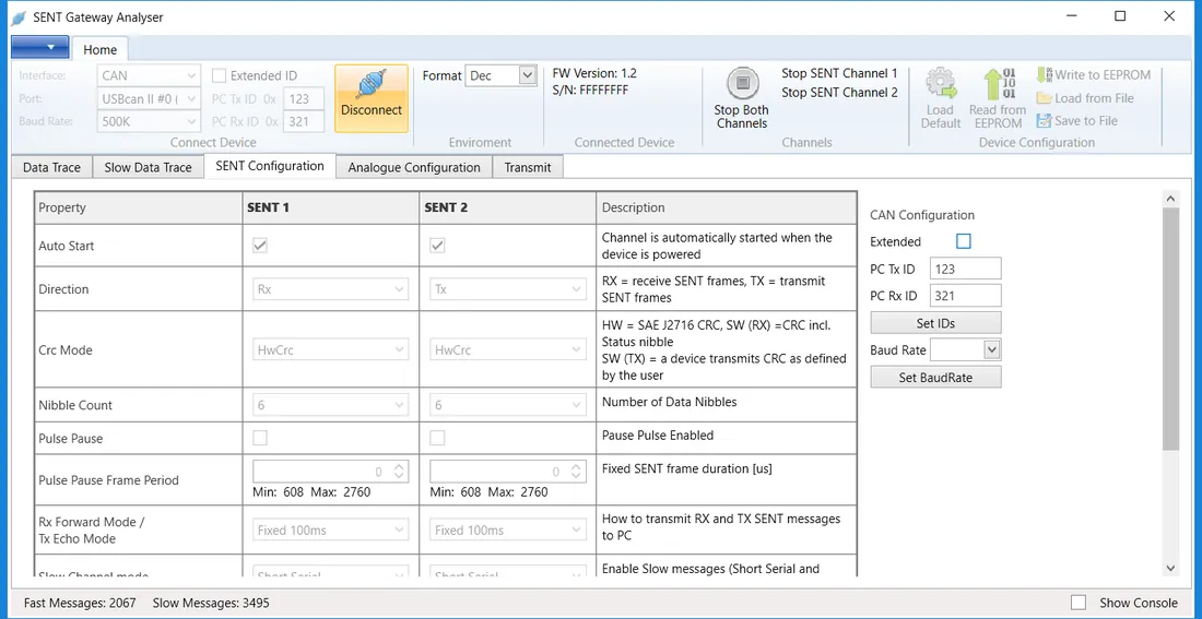 SENT Gateway Analyser — SENTチャネル設定(CAN ID・ボーレート設定)