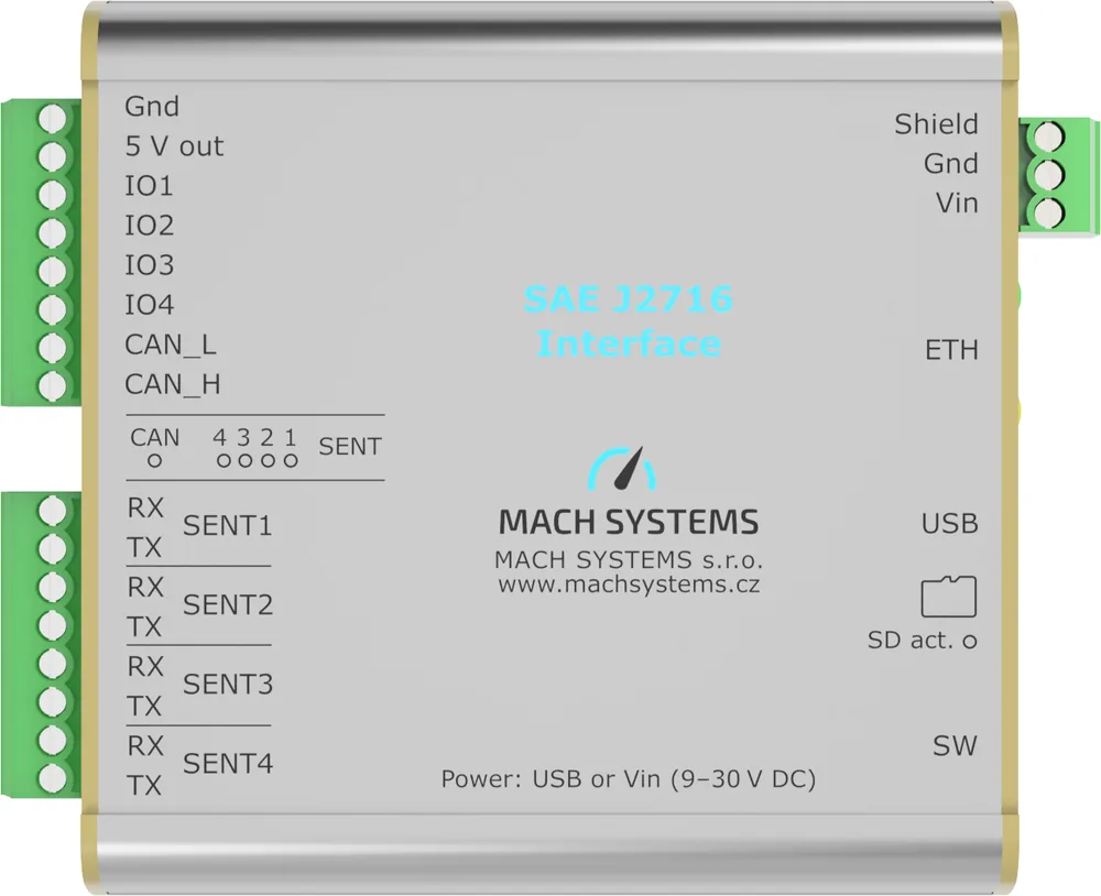 天面 — SENT1–4各RX/TXピン・IO1–4（5V out付き）・CAN_L/H・Shield/Gnd/Vin